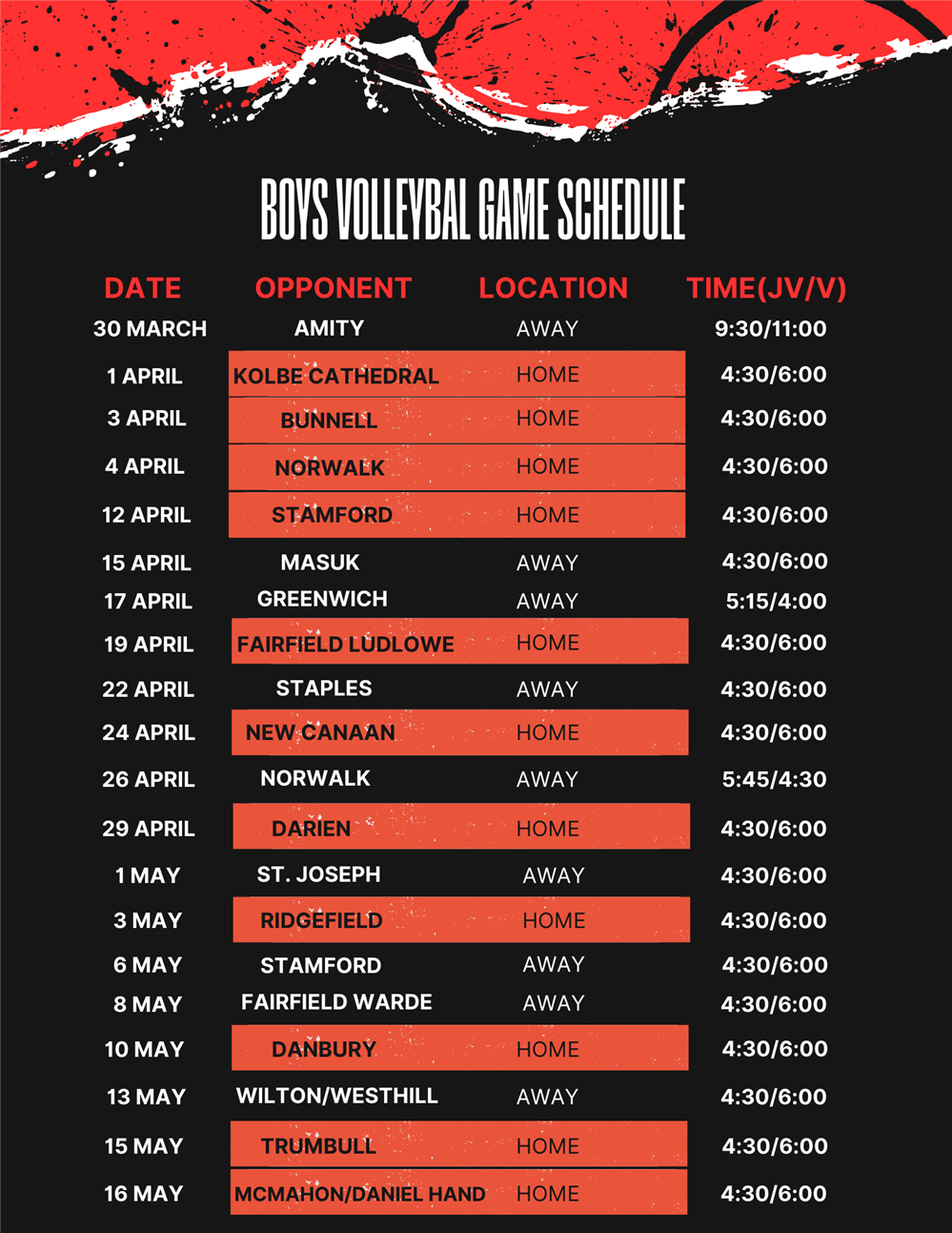2023-24 Boys Volleyball Schedule
